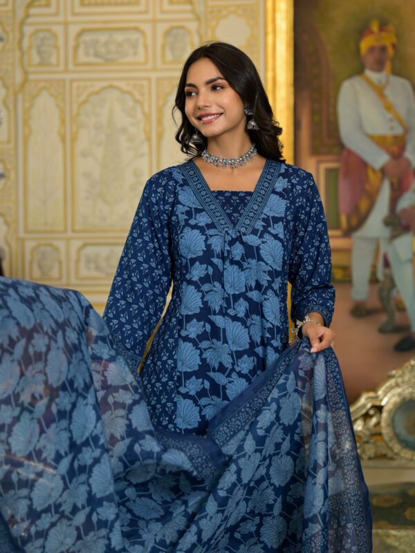 Blue Floral Printed Viscose Kurta Set With Dupatta