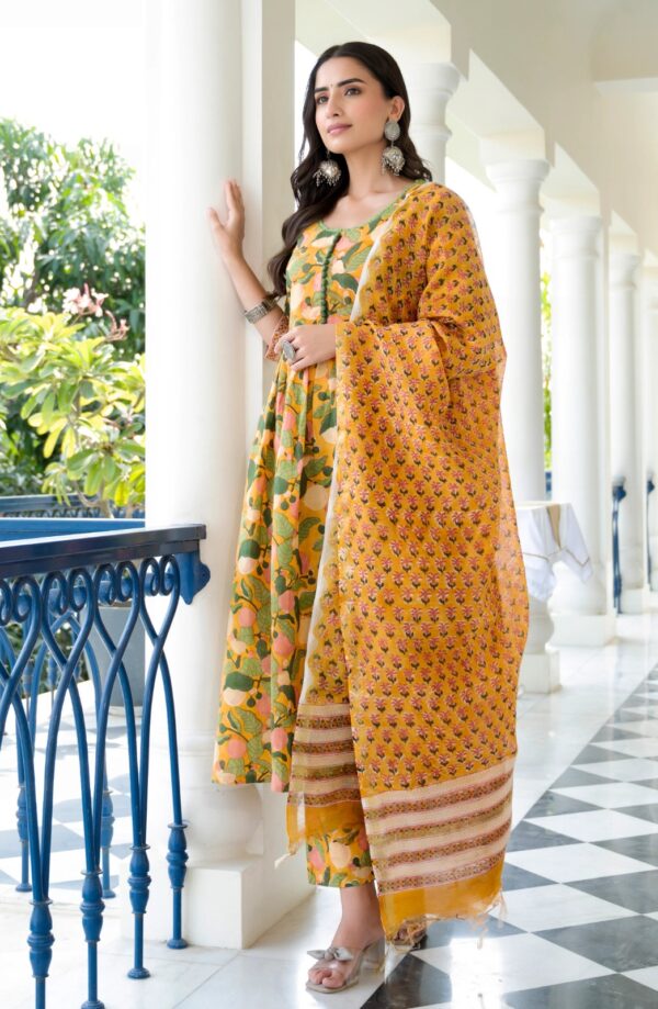 Yellow Multicolored Embroidered Floral Printed Viscose Kurta Set With Dupatta