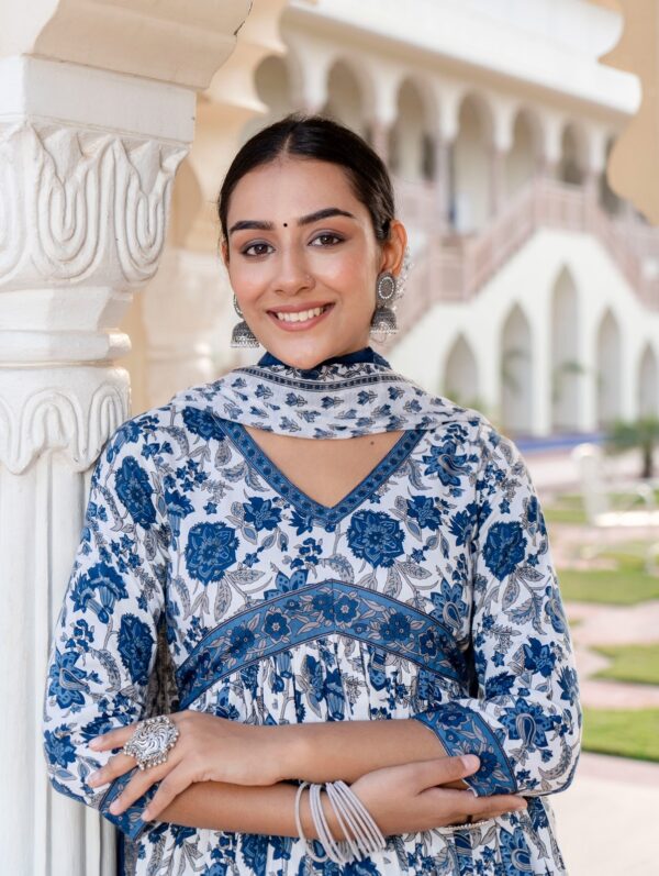 Blue & White Floral Printed Viscose Kurta Set With Dupatta