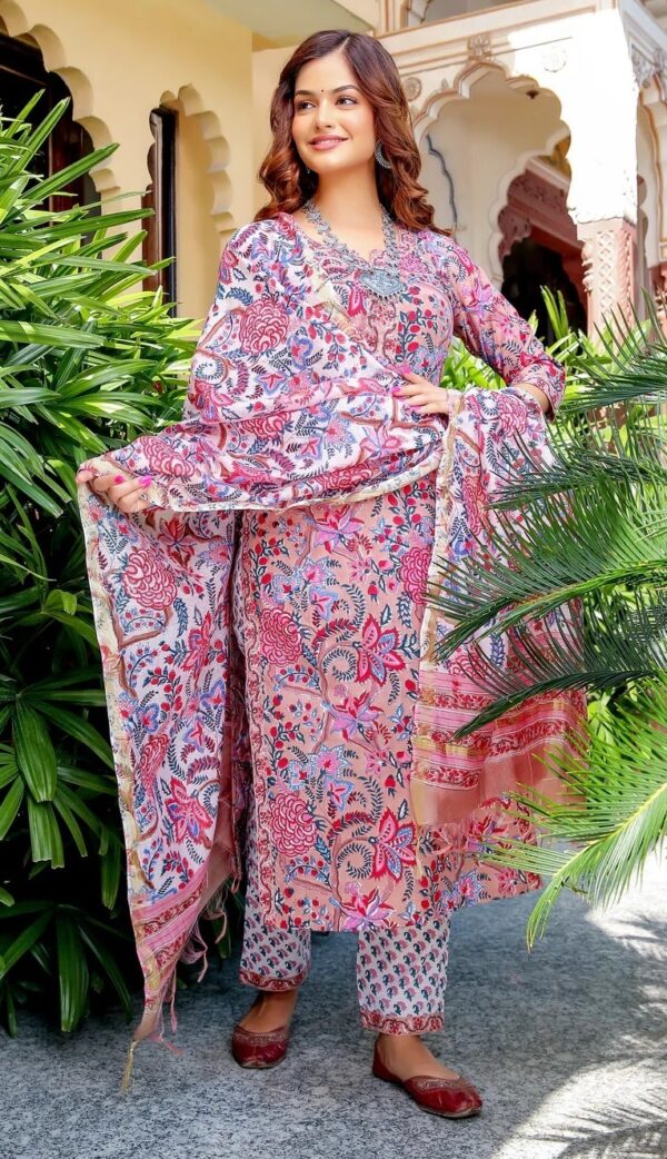 Pink Multicolored Floral Printed Viscose Kurta Set With Dupatta