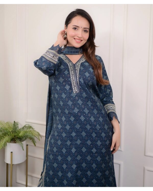 Blue Block Printed & Embroidered Viscose Kurta Set With Dupatta