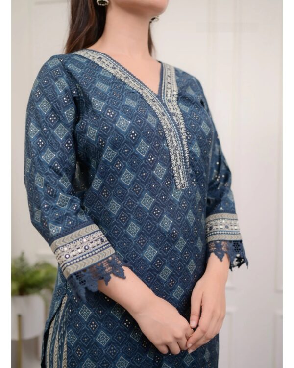 Blue Block Printed & Embroidered Viscose Kurta Set With Dupatta