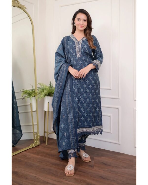 Blue Block Printed & Embroidered Viscose Kurta Set With Dupatta