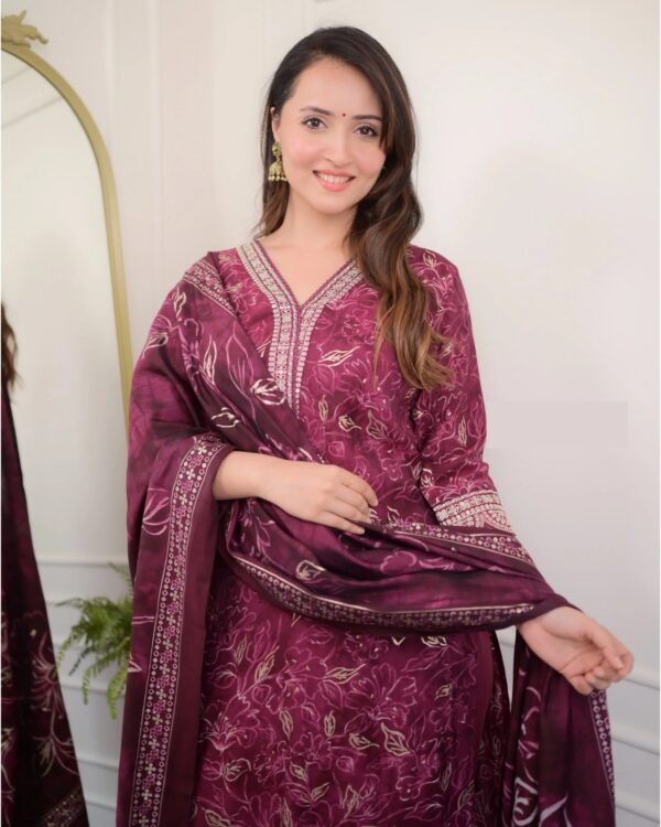 Maroon Floral Embroidered Viscose Kurta Set With Dupatta