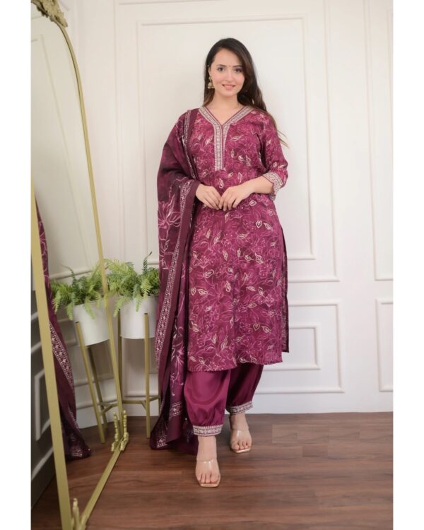 Maroon Floral Embroidered Viscose Kurta Set With Dupatta